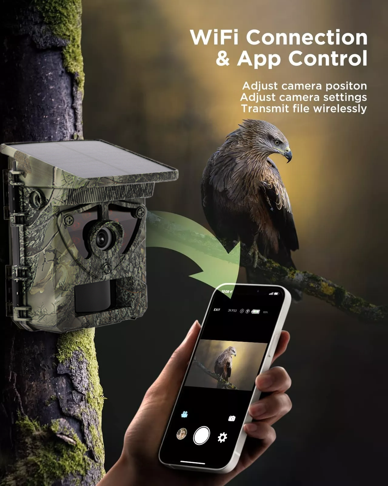 Integrated solar power 8MP sensor camera long range wildlife bluetooth app solar powered 4k hunting trail camera with app